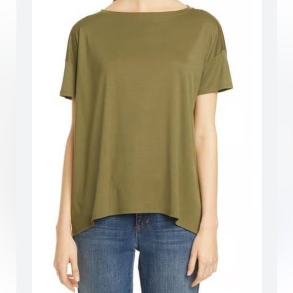 EILEEN FISHER Tencel Bateau Boat Neck Tee Olive Green Quiet Luxury Size Small - Picture 1 of 6